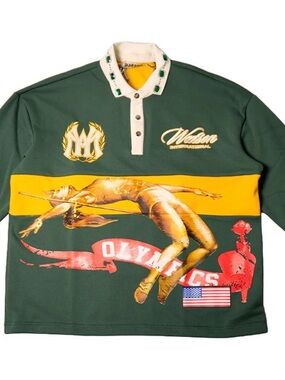 🪎👕🏉👕🪎Watson Green and Yellow Long-Sleeve Graphic Rugby Polo - Size M